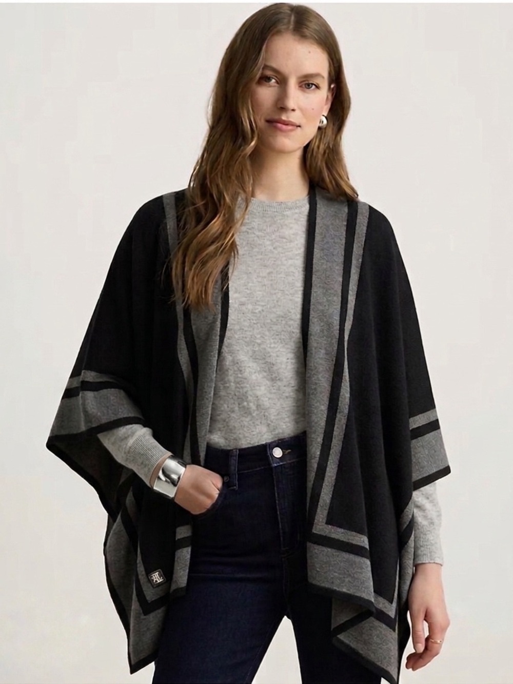 RALPH LAUREN Women’s Two-Tone Open Front Ruana Wrap Sweater, Grey/Black One Size